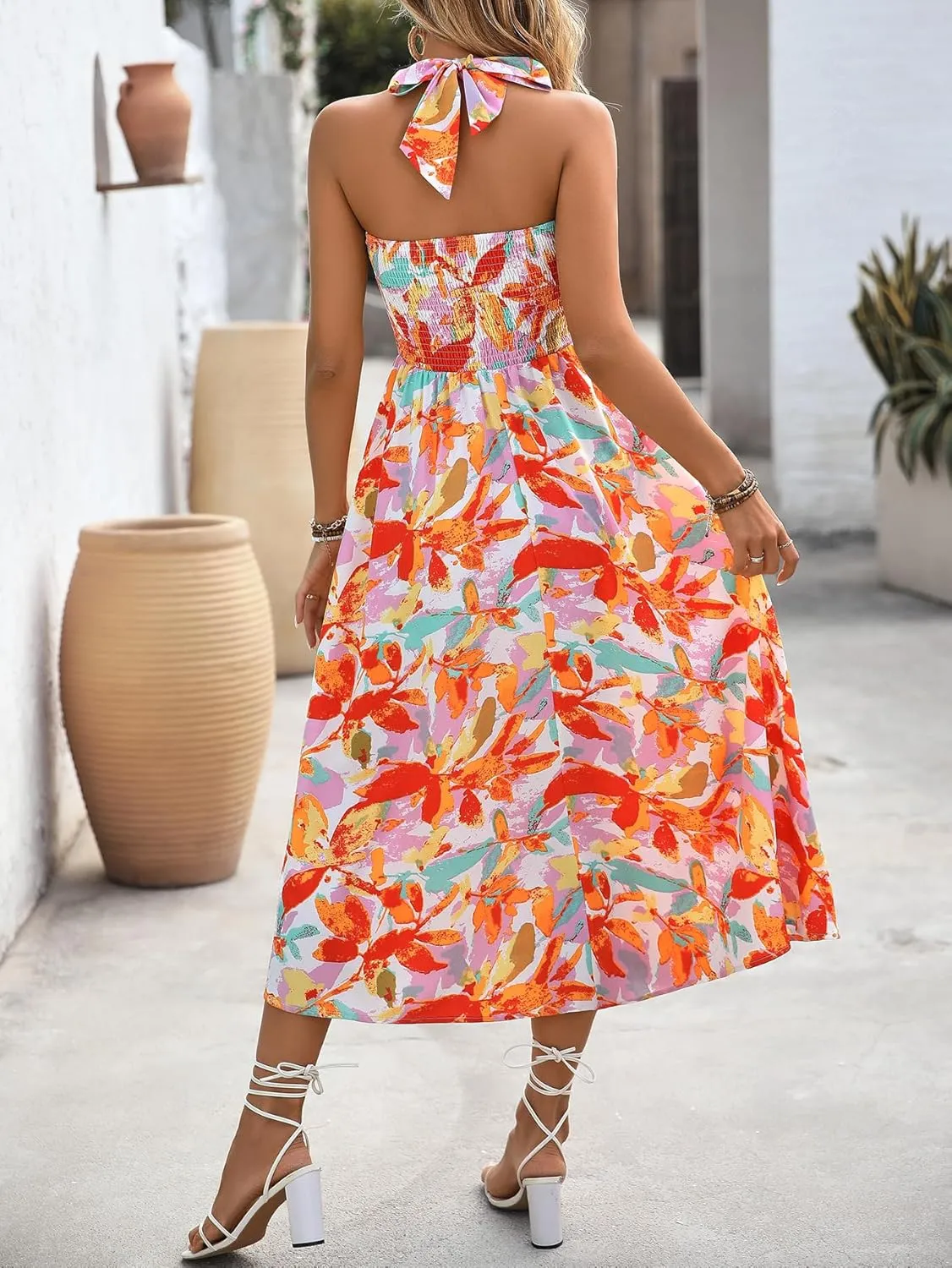 Women's Summer Halter Neck Strap Maxi Dress Backless Smocked Sundresses A Line Beach Wedding Guest Dress