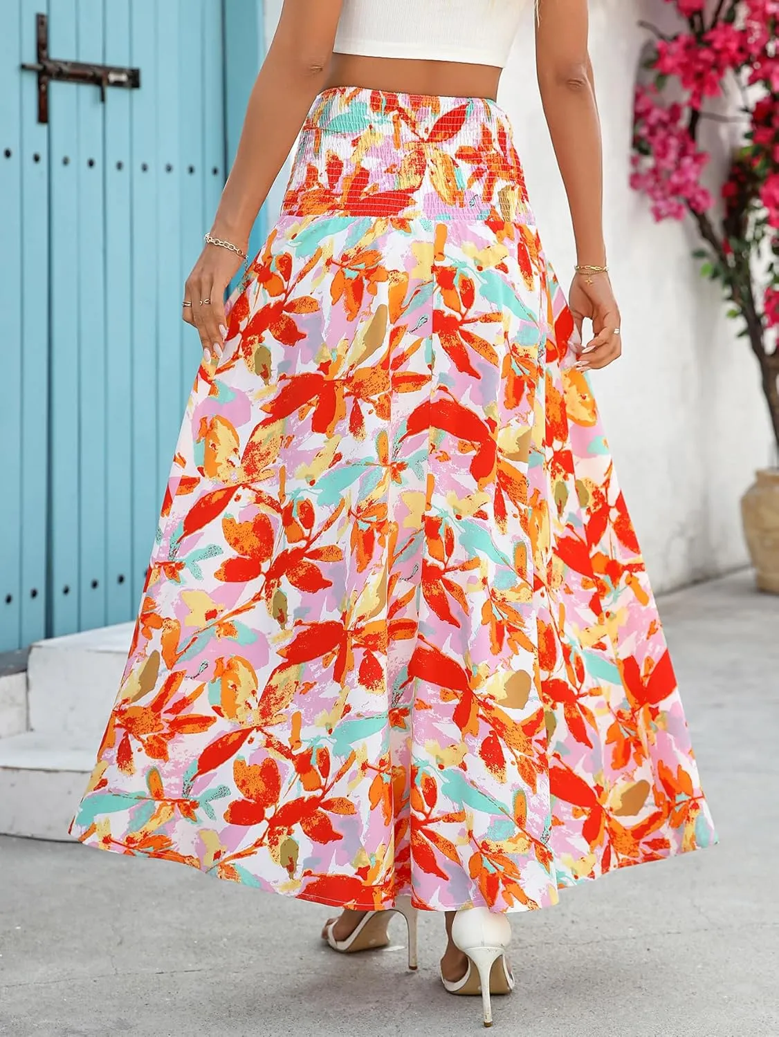 Women's Summer Halter Neck Strap Maxi Dress Backless Smocked Sundresses A Line Beach Wedding Guest Dress