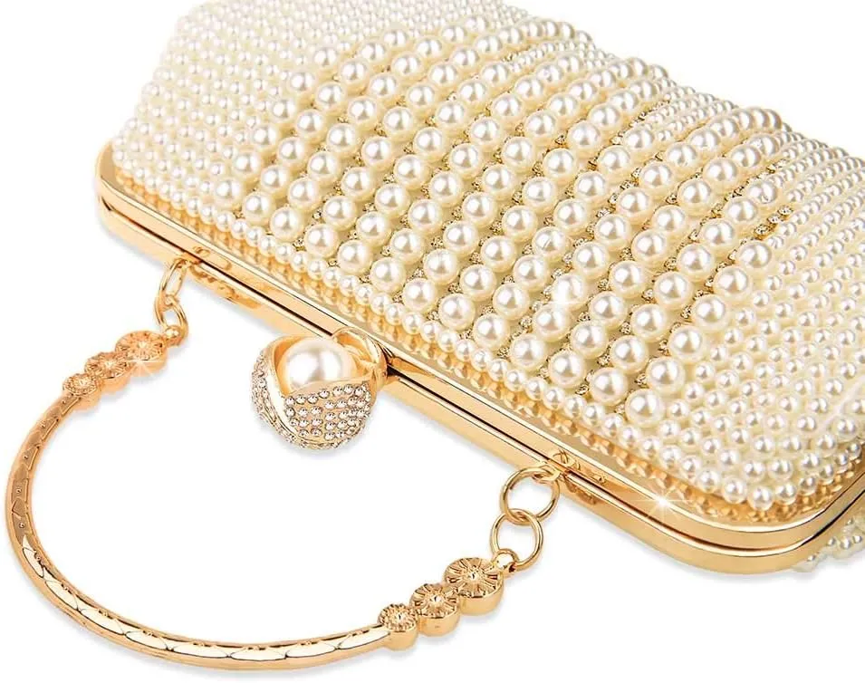 Women's Wedding Purse, Pearl Clutch, Different Length Chain Crossbody Shoulder Bag Handbag for Party Date Formal Occasion