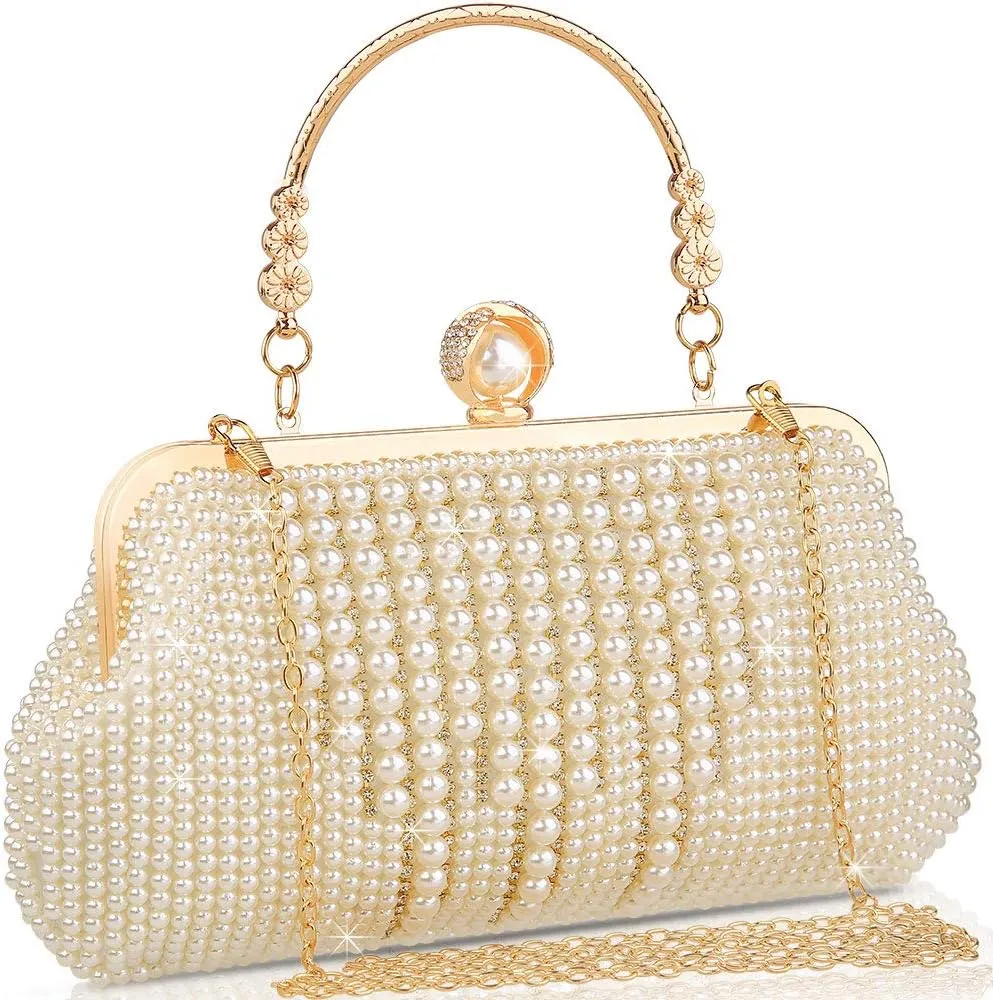 Women's Wedding Purse, Pearl Clutch, Different Length Chain Crossbody Shoulder Bag Handbag for Party Date Formal Occasion