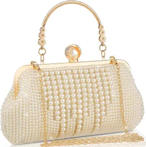 Women's Wedding Purse, Pearl Clutch, Different Length Chain Crossbody Shoulder Bag Handbag for Party Date Formal Occasion