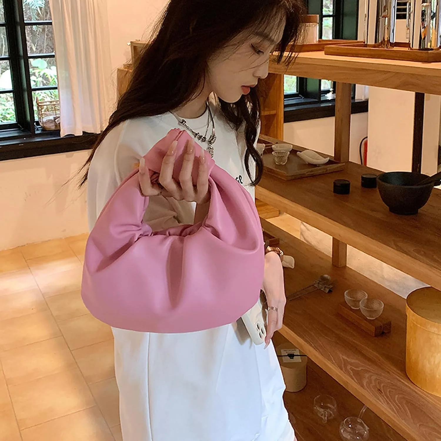 Women's Wrinkled Leather Cloud Shape Knotted Handbag Fashion Y2K Dumpling Underarm Hobo Clutch Purse for Party Shopping (Grey)