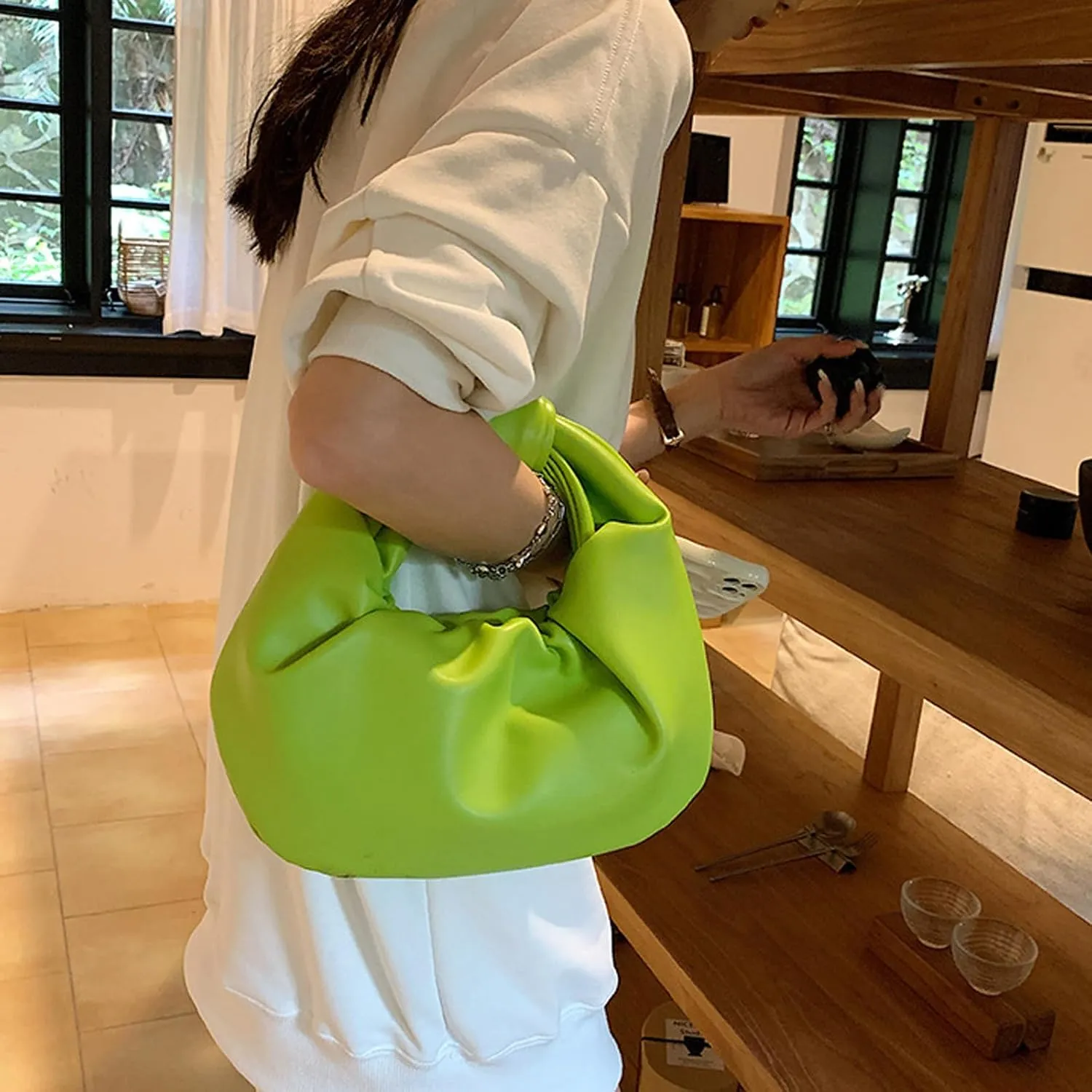 Women's Wrinkled Leather Cloud Shape Knotted Handbag Fashion Y2K Dumpling Underarm Hobo Clutch Purse for Party Shopping (Grey)