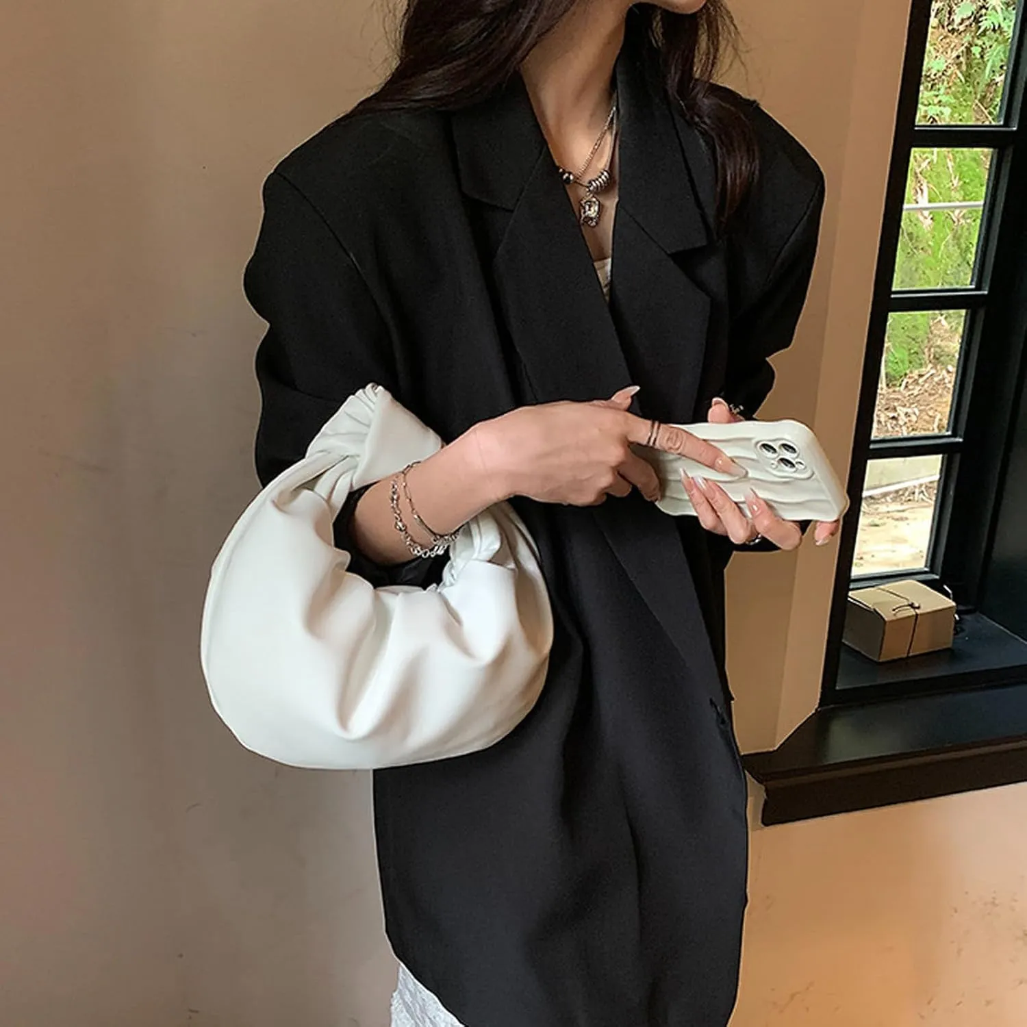 Women's Wrinkled Leather Cloud Shape Knotted Handbag Fashion Y2K Dumpling Underarm Hobo Clutch Purse for Party Shopping (Grey)