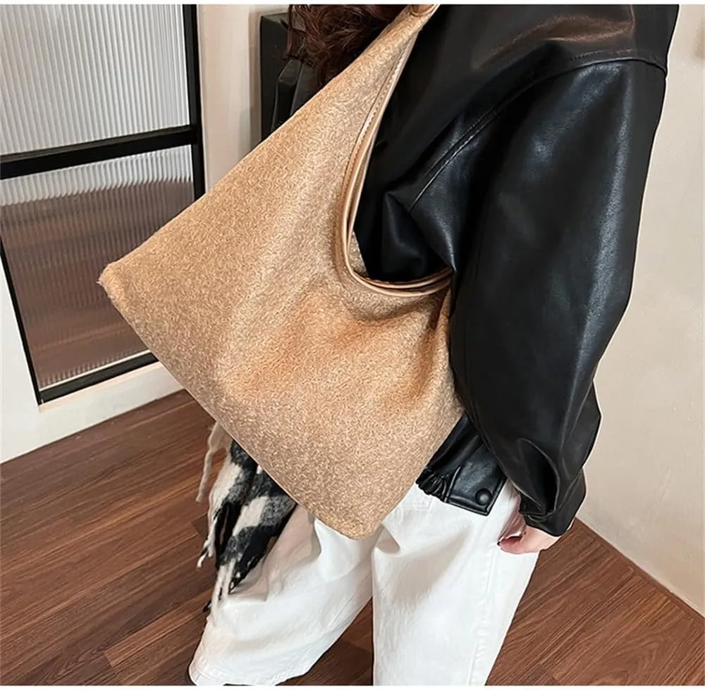 Woolen Crescent Shoulder Bag for Women Slouchy Suede Hobo Bag Wool Tote Handbag Casual Crescent Crossbody Purse