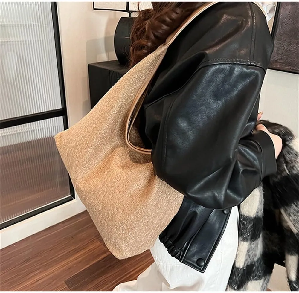 Woolen Crescent Shoulder Bag for Women Slouchy Suede Hobo Bag Wool Tote Handbag Casual Crescent Crossbody Purse