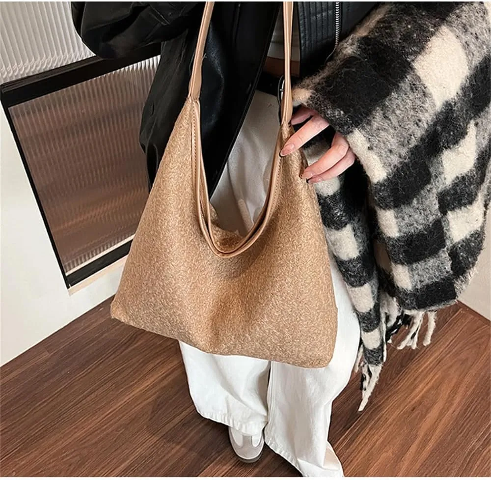 Woolen Crescent Shoulder Bag for Women Slouchy Suede Hobo Bag Wool Tote Handbag Casual Crescent Crossbody Purse