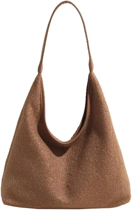 Woolen Crescent Shoulder Bag for Women Slouchy Suede Hobo Bag Wool Tote Handbag Casual Crescent Crossbody Purse