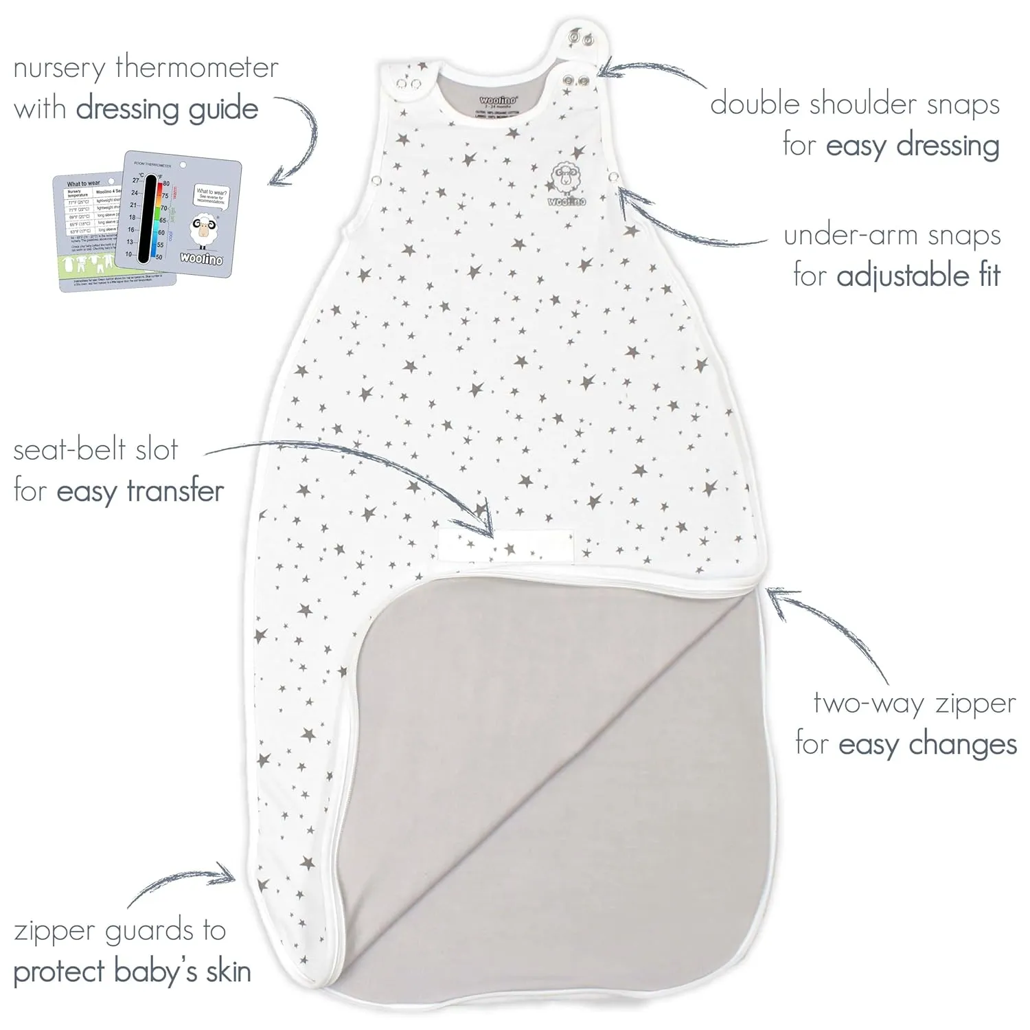Woolino 4 Season Sleep Sack - Ultimate Merino Wool and Organic Cotton Sleeping Bag - Two-Way Zipper Adjustable Universal Size Sleep Sack for Baby (2-24 Months) - Polar Bear
