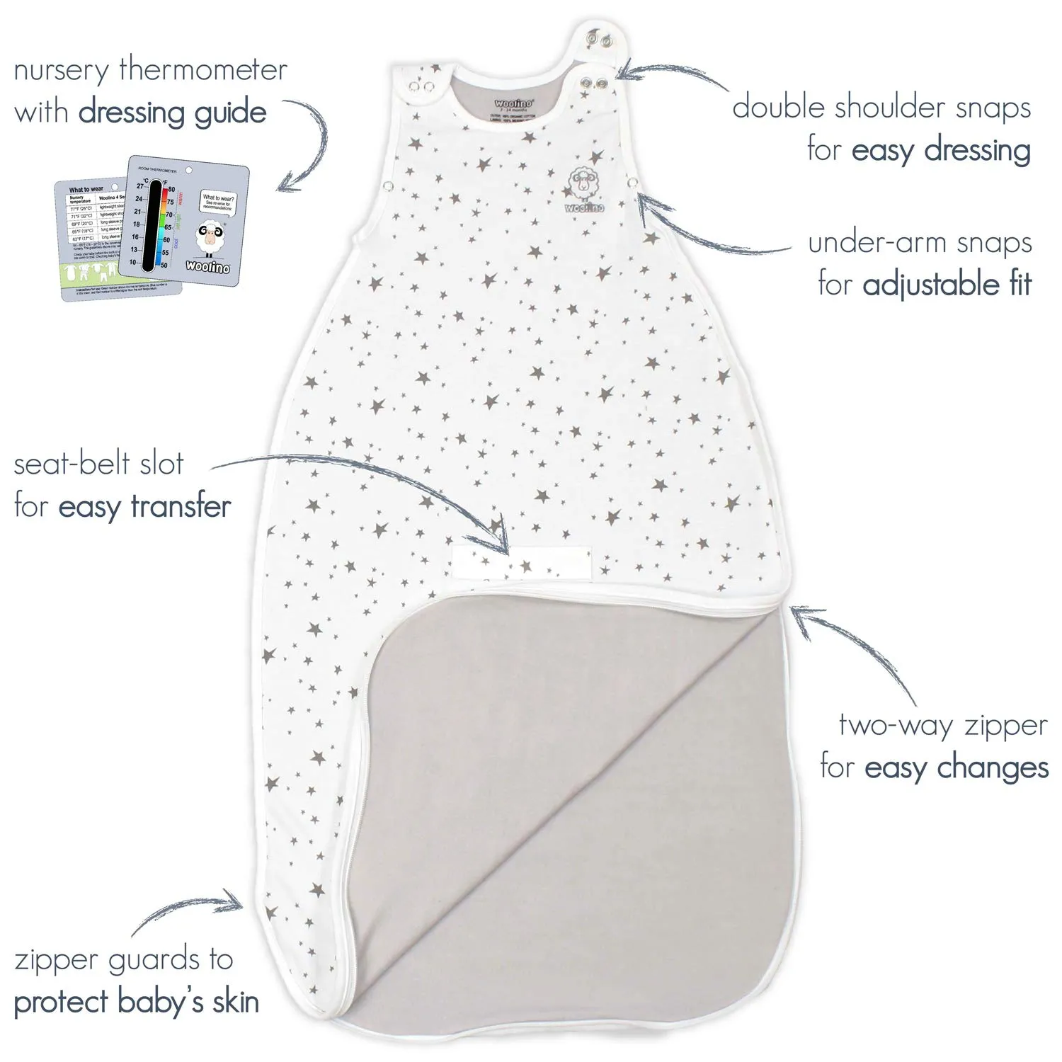 Woolino Merino Wool Ultimate Baby Sleep Sack - 4 Season Baby Wearable Blanket - Two-Way Zipper Adjustable Sleeping Bag for Babies and Toddlers - Universal Size (2-24 Months) - Earth