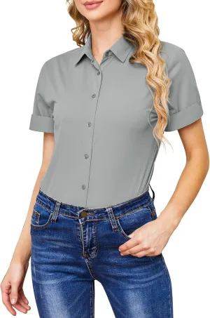 Wrinkle Free Button Down Shirts for Women Charm Slim-Fit Short Sleeve Formal Solid Dress Shirt Blouses Tops