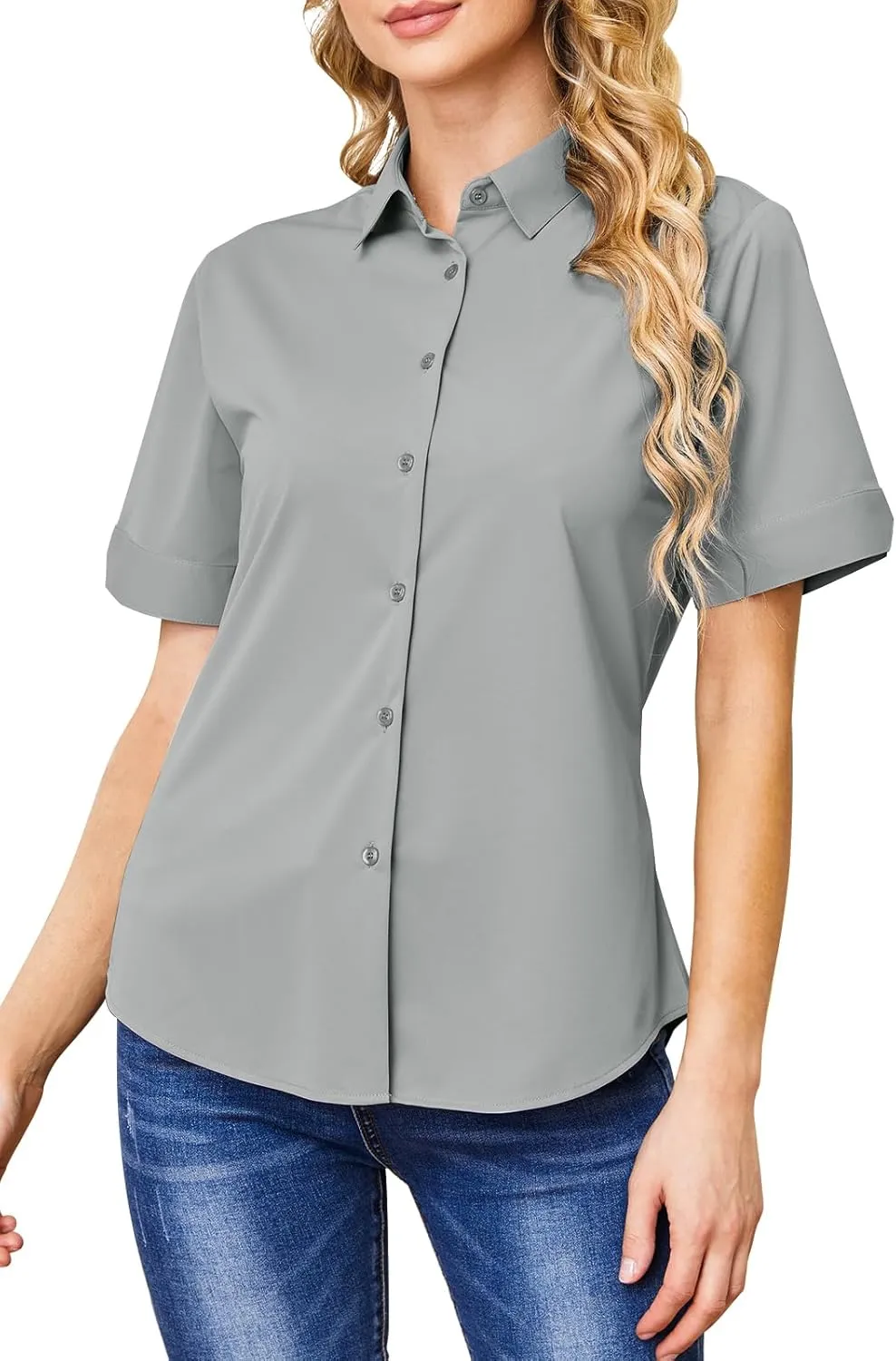Wrinkle Free Button Down Shirts for Women Charm Slim-Fit Short Sleeve Formal Solid Dress Shirt Blouses Tops