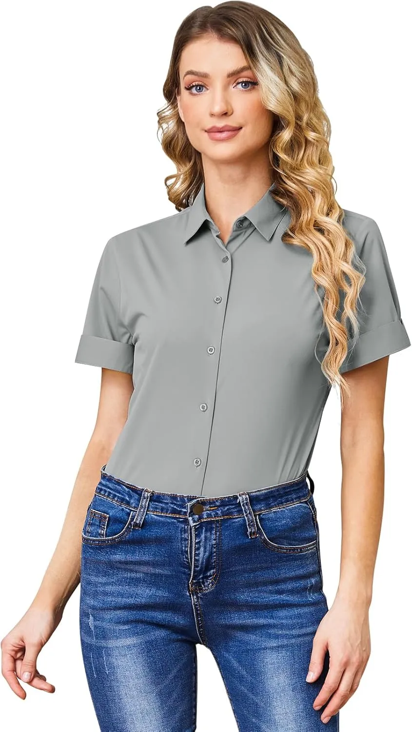 Wrinkle Free Button Down Shirts for Women Charm Slim-Fit Short Sleeve Formal Solid Dress Shirt Blouses Tops