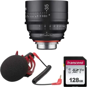 XEEN by ROKINON 35mm T1.5 Professional Cine Lens for Canon EF Mount   VideoMicro Compact On-Camera Microphone   128GB High Speed Memory Card