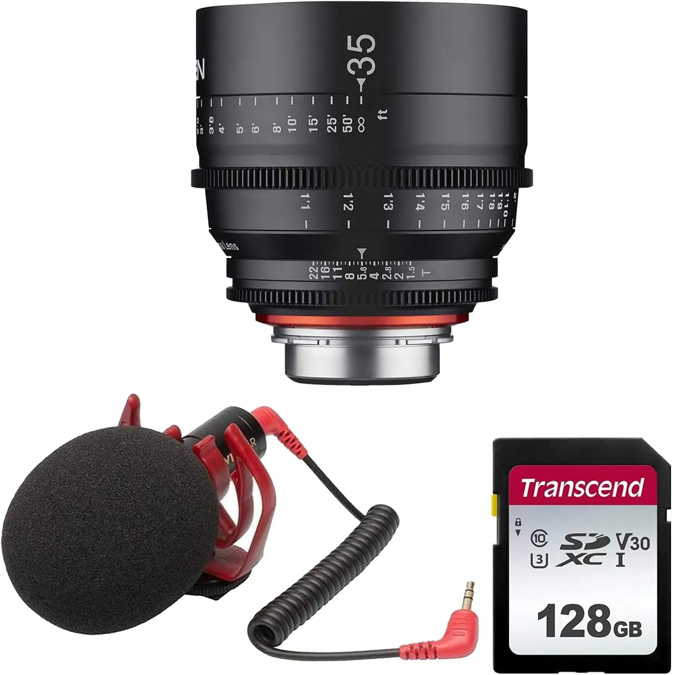 XEEN by ROKINON 35mm T1.5 Professional Cine Lens for Canon EF Mount   VideoMicro Compact On-Camera Microphone   128GB High Speed Memory Card