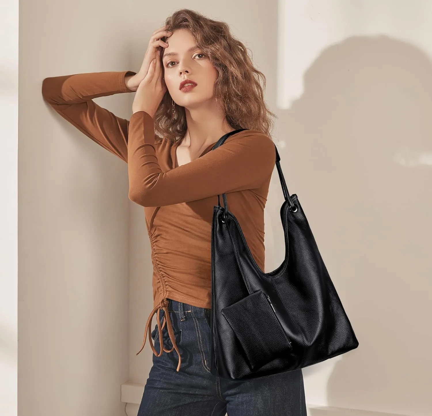 YALUXE Women’s Genuine Cowhide Leather Hobo Handbag Shoulder Bag Purse with Coin Pouch