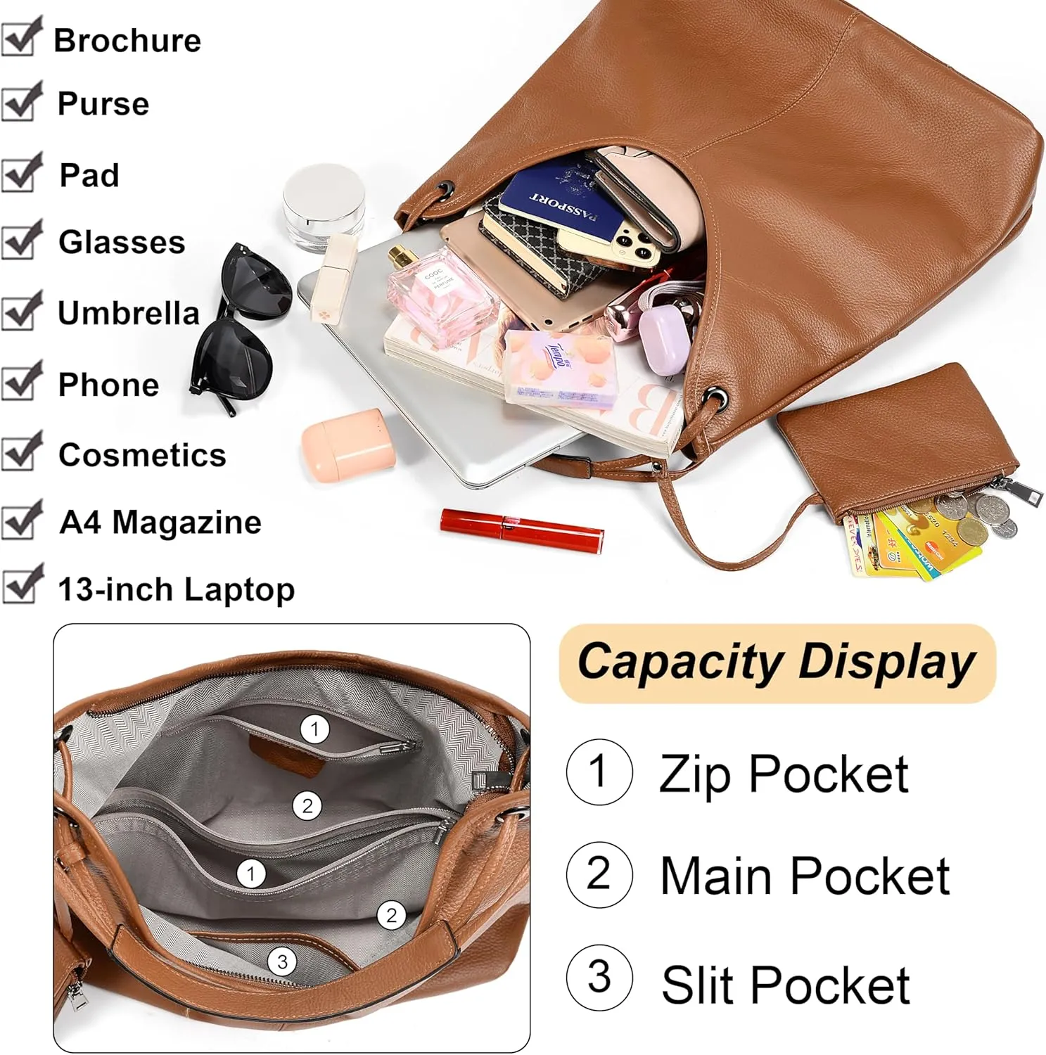 YALUXE Women’s Genuine Cowhide Leather Hobo Handbag Shoulder Bag Purse with Coin Pouch