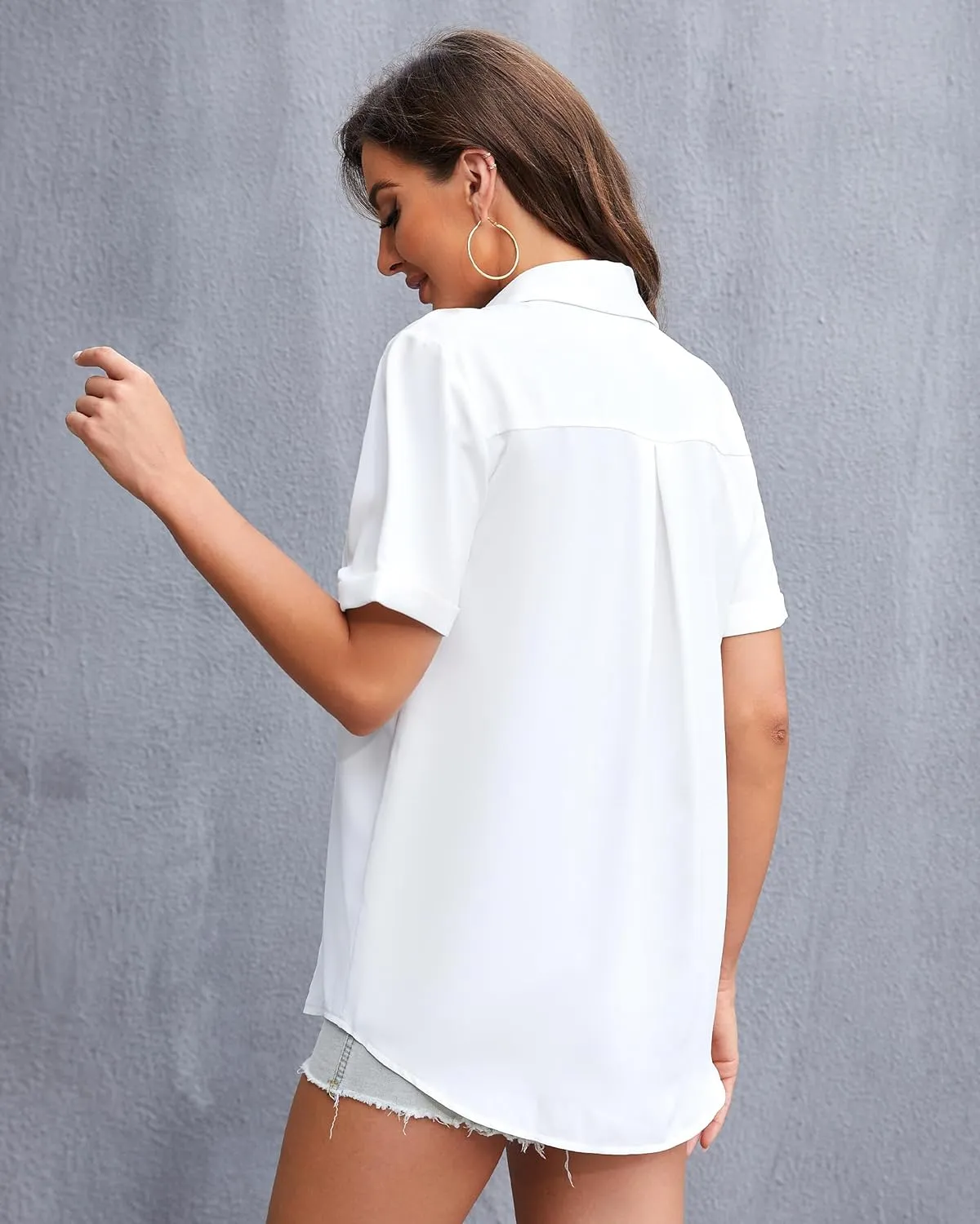 YAMANMAN Womens Button Down Shirt Short Sleeve Classic Collared Blouse Work Office Casual Chiffon Tops