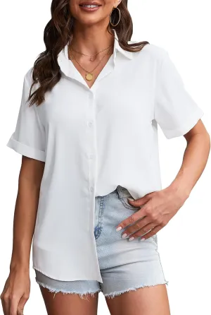 YAMANMAN Womens Button Down Shirt Short Sleeve Classic Collared Blouse Work Office Casual Chiffon Tops