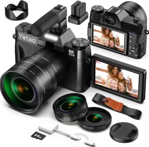 Yatao Digital Camera for Photography and Vlogging, 6K 64MP with Flip Screen, Wide-Angle Lens, Microphone, Card Reader, 64GB TF Card, Compact Photo WiFi Camera for YouTube Travel, Beginners (Black)