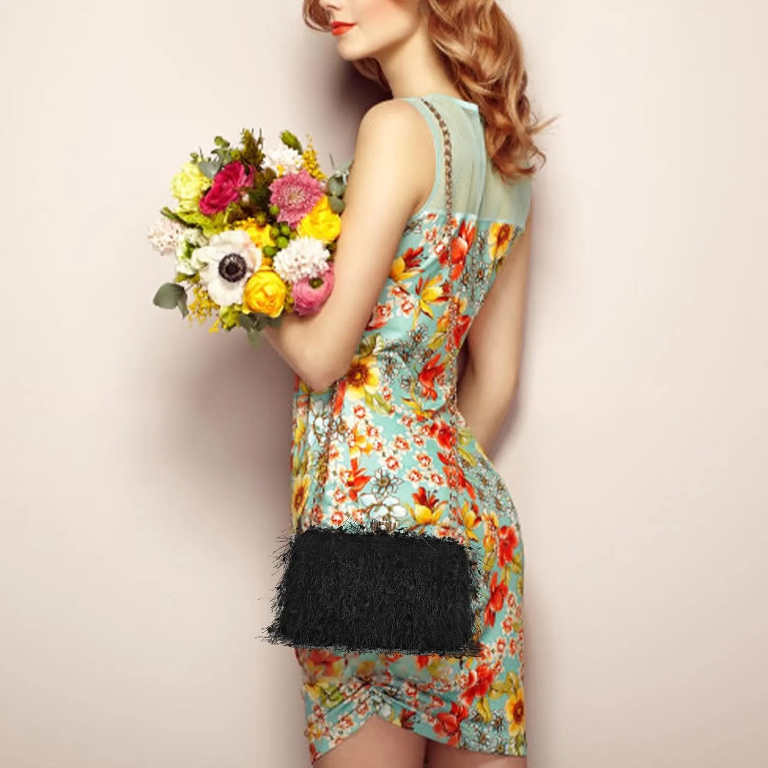 YYW Clutch Purse for Women Cute Fluffy Evening Handbags Shoulder Bag for Wedding Party Banquet