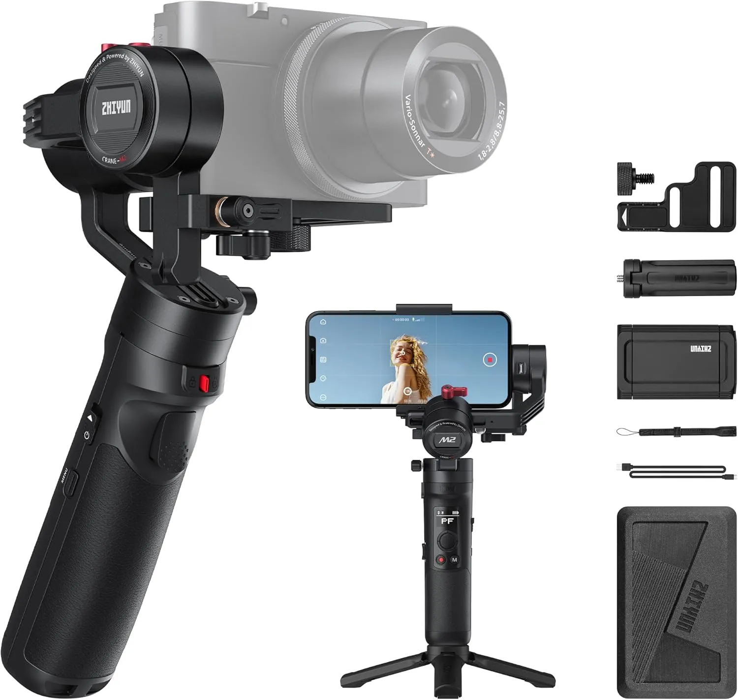 ZHIYUN Crane-M2 [Official] Gimbal Stabilizer for Camera，3-in-1 Light Weight Gimbal for Smartphone, Sports Action Camera, GoPro and Mirrorless Camera, with Smartphone Clamp, Tripod