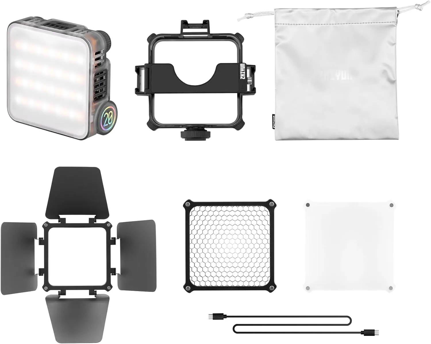 ZHIYUN FIVERAY M20 Bicolor Video Light M20 Video Light Modifier Pack, M20C Accessories with Honeycomb Grip Diffuser, 4-Leaf Barn Doors