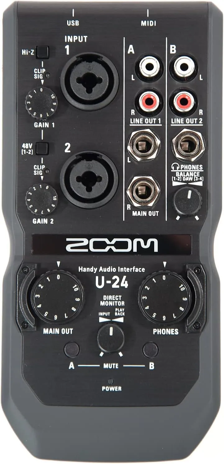 Zoom U-24 Handy Audio Interface, 2-Channel Portable USB Audio Interface, 2 XLR/TRS Combo Inputs, MIDI I/O, RCA Outputs